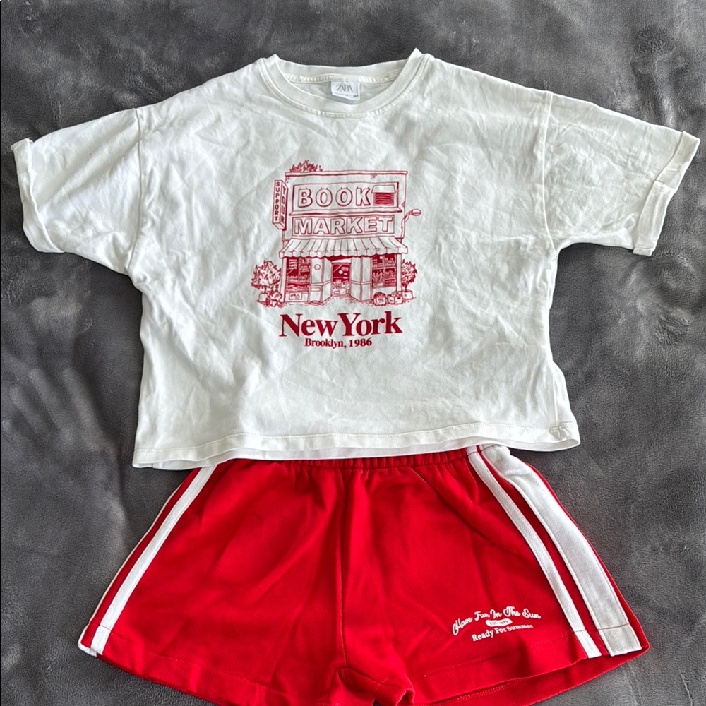 Zara White and Red Graphic T-Shirt and Shorts Set